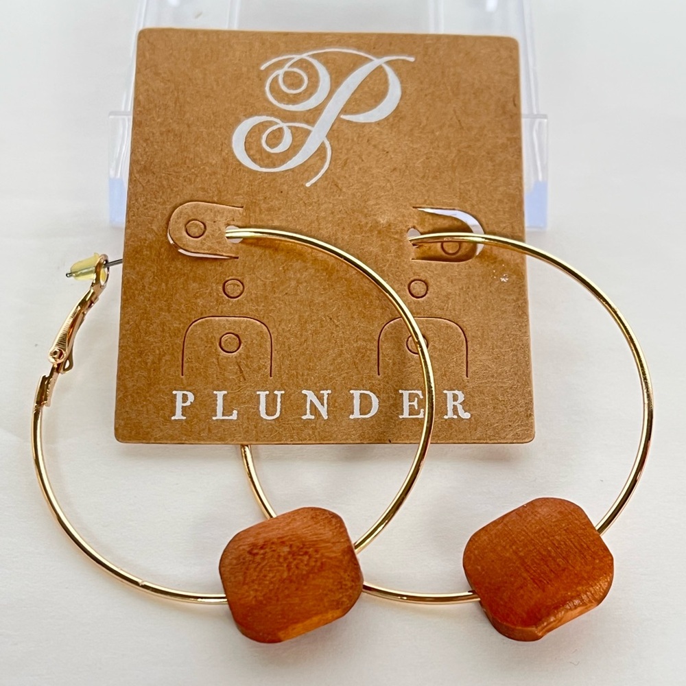 Plunder Gold Hoop Earrings with Brown Wood Beads